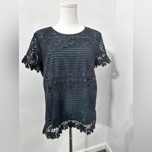 LOFT Women’s Black Crochet Lace Overlay Blouse Blue Teal Top Small
